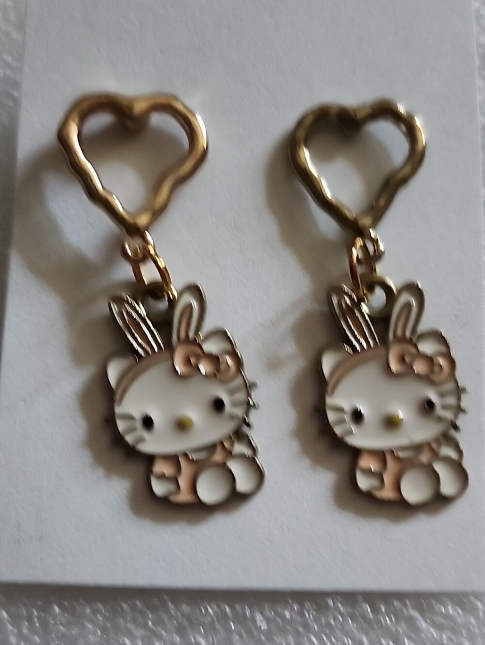 Hand Crafted Gold Heart Bunny Enamel Drop Earrings with White and Pink